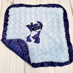 Stitch Alien Minky Lovey: Blue Swirl, Navy Dot, Satin Ruffle (18x18 inches)