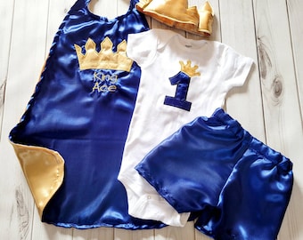 Baby Toddler boy royalty birthday Smash cake photo prop royal PRINCE OR KING navy blue gold satin cape hat shorts