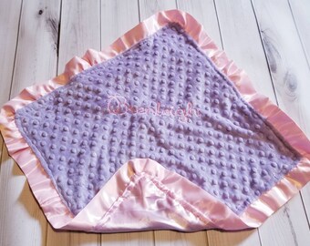 Lavender & Pink Minky Baby Lovie – 19x19" Custom Comfort Blanket with Satin Back ,Ruffle
