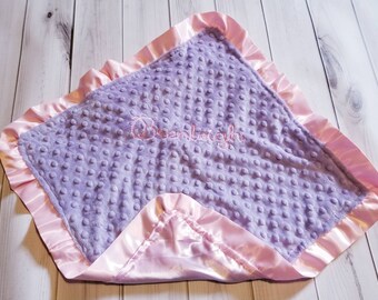 Baby Security Blanket Lovie Lavender dot Light Purple Minky & Pink Satin Ruffle  19 x 19