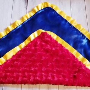 Boy girl Red Swirl Cuddle Silky Minky and Blue Satin with yellow Satin ruffles 25 x 25 image 3