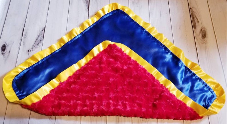 Boy girl Red Swirl Cuddle Silky Minky and Blue Satin with yellow Satin ruffles 25 x 25 image 3