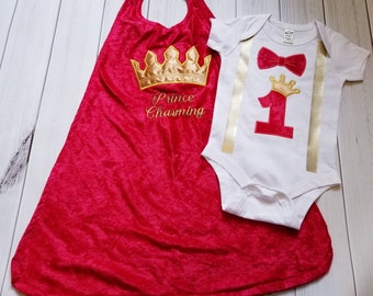 Red velvet and gold 1st birthday Prince King crown cape set 12m READY TO SHIP