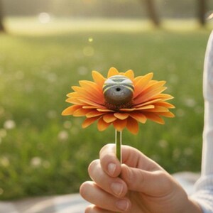 Pu&ograve; includere: Un fiore di gerbera arancione brillante con un piccolo oggetto arrotondato a forma di ape a strisce grigie e gialle che riposa al centro dei suoi petali. Il fiore ha uno stelo verde ed &egrave; tenuto in posizione verticale, mostrando il colore.