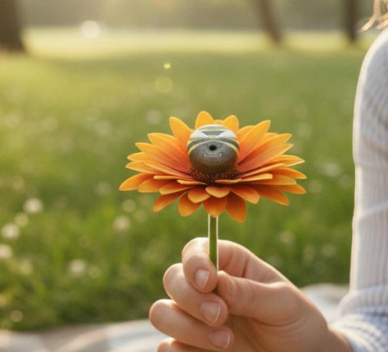 Pu&ograve; includere: Un fiore di gerbera arancione brillante con un piccolo oggetto arrotondato a forma di ape a strisce grigie e gialle che riposa al centro dei suoi petali. Il fiore ha uno stelo verde ed &egrave; tenuto in posizione verticale, mostrando il colore.