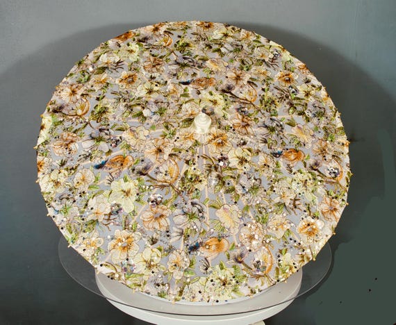 Embroidered apricot colored spring flowers parasol