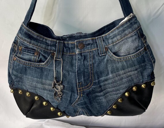 up cycled denim and leather purse with brass studs