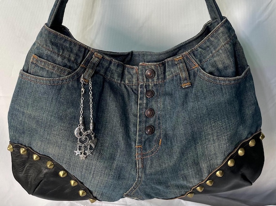 Upcycled denim and leather purse with brass studs