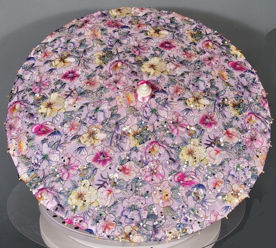 Embroidered pink spring flowers parasol