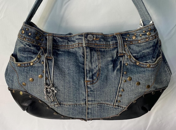 up cycled denim and leather purse with brass circular studs