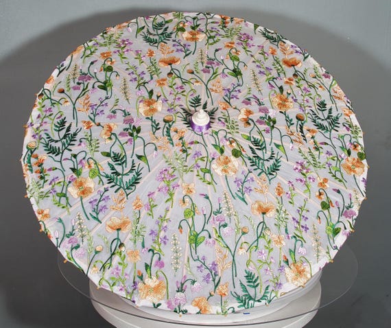 Embroidered multi colored spring flowers parasol