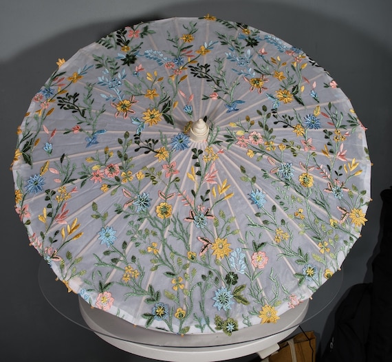 Embroidered 3D spring flowers parasol white background