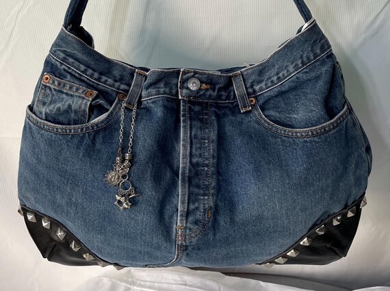 up cycled denim and leather purse with square pyramid studs