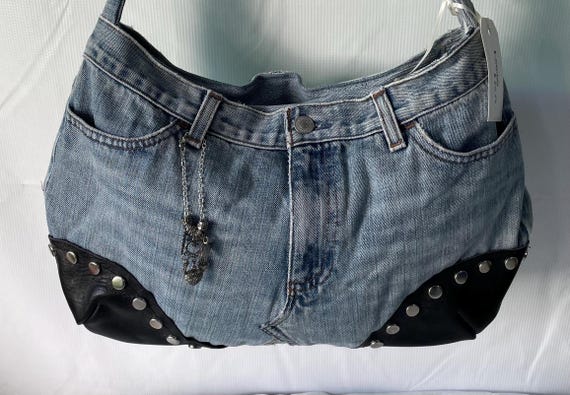 up cycled denim and leather purse with flat circular studs