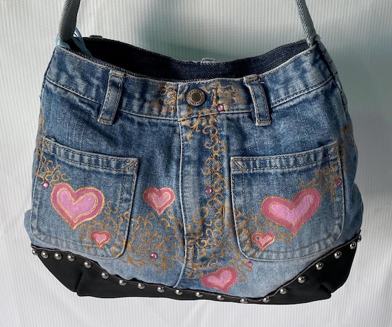 handmade up cycled denim and leather purse with hand painted rose hearts and pink crystals
