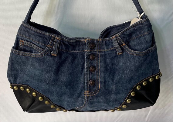handmade up cycled denim and leather purse with brass studs