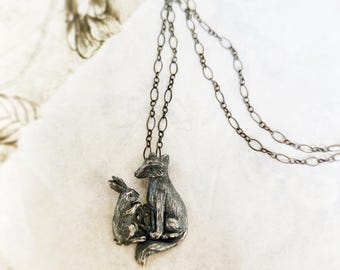 lapin, renard et fleur amulet (fox, rabbit and flower) antiqued sterling