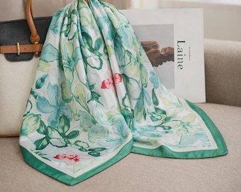 Floral Silk Feel Scarf – Square Hair Ribbon & Neck Wrap