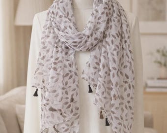 Floral Cotton Viscose Scarf with Tassels | Lightweight Four Season Shawl