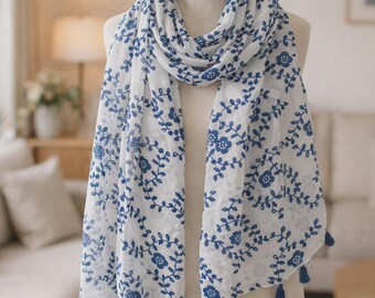 Floral Cotton Viscose Scarf for Women, Boho Tassel Pashmina wrap shawl