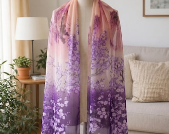 Floral Silk Feel Scarf Women Lightweight Shawl Wrap Elegant Stole