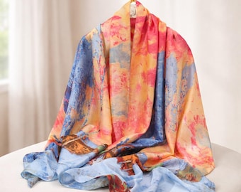 Abstract Satin Silk Scarf for Women – Large Lightweight Fashion Wrap