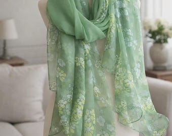 Lightweight Floral Chiffon Scarf Women, Sheer Summer Shawl Wrap, Gift for Her