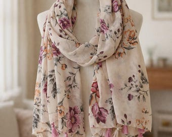 Floral Scarf Women, Lightweight Cotton Feel Wrap, Soft Summer Shawl, Boho Scarf