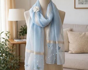 Butterfly Embroidered Scarf Women Lightweight Shawl Wrap Elegant Stole