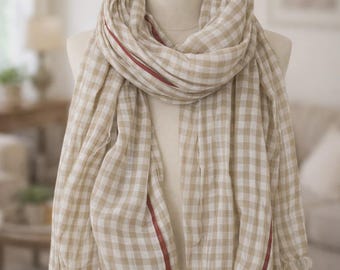 Men’s Cotton Linen Check Scarf | Lightweight Patchwork Shawl