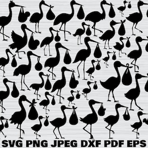 Storch mit Baby-Svg-Bundle, Storch mit Baby Clipart, Storch mit Baby Silhouette, Baby-Dusche-Clipart, Storch Vogel geschnitten Datei