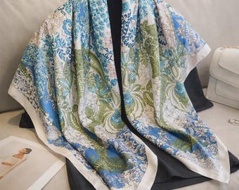 Large Floral Print Square Head Scarf for Women, Satin Feel Neck Wrap