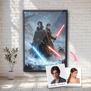 Jedi Couple Custom Portrait – Star Wars Wall Art From Photo | Best Gift for Couple, Partner, Father's Day, Mother's Day, Valentine’s Day