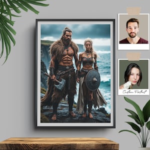 Custom Viking Couple Portrait, Personalized Scandinavian Warrior Art, Viking Family Portrait, Unique Gift For Couples, Anniversary Gift