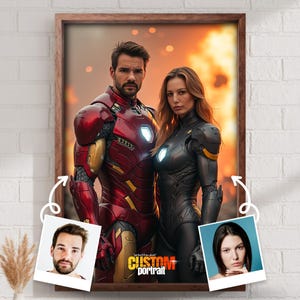 Custom Superhero Couple Portrait Iron Suit Inspired Digital Art Gift