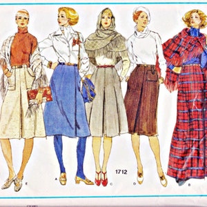 May include: A vintage sewing pattern featuring five different skirt styles. The pattern is for Vogue's Basic Design 1712.