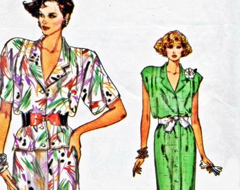 Vogue 9608 (8-12) Loose-Fitting Button-Front Dress, Top & Flared Skirt 1980's Womens Vintage Very Easy  Vogue Sewing Pattern 1986 UNCUT FF