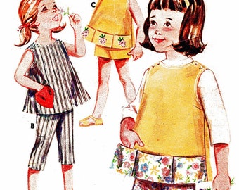 Vintage 1950s Butterick 2723 Toddler Sz 1 Overblouse w/Pockets & Strawberry Applique, Long Pants, Clam Diggers, Shorts 1950s Sewing Pattern