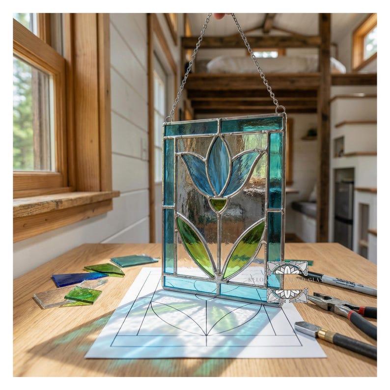May include: A stained glass panel featuring a blue and green tulip design. The panel is rectangular with a chain for hanging. The image also shows a pattern, glass pieces, and tools, suggesting a stained glass craft project.