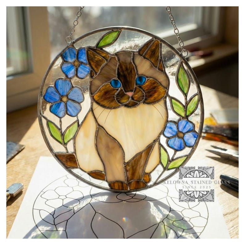 Puede incluir: Vidriera circular con un gato de ojos azules, rodeado de flores azules y hojas verdes. El gato tiene pelaje marr&oacute;n y crema. La pieza est&aacute; suspendida por una cadena. El texto "KELOWNA STAINED GLASS SINCE 2023" es visible.