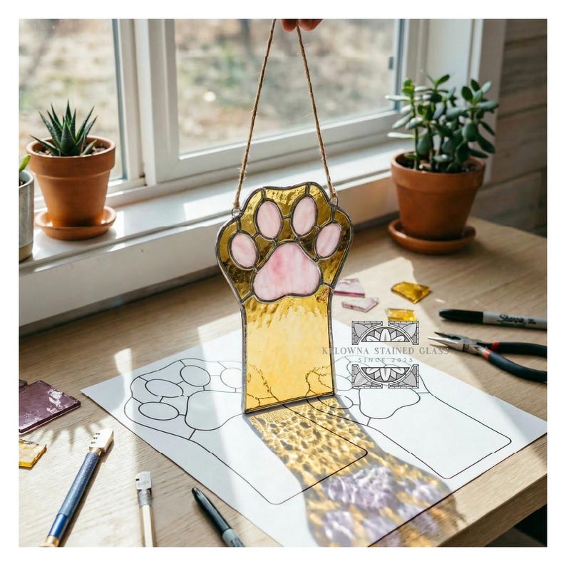 May include: A stained glass paw print suncatcher with a gold and pink color scheme. The paw print is hanging by a brown string. The suncatcher is casting a paw print shadow on a white surface. The text "Kelowna Stained Glass Since 2023" is visible.