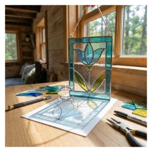 May include: A stained glass panel featuring a blue flower design with green and yellow accents, framed in teal. The panel is suspended by a twine cord. A drawing of the design and tools are on a wooden table.