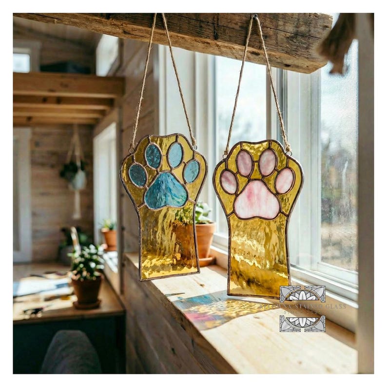 May include: Two stained glass paw print suncatchers hanging by twine. One features blue and teal glass, the other pink and white. Both have a gold-colored background and are displayed in front of a window.