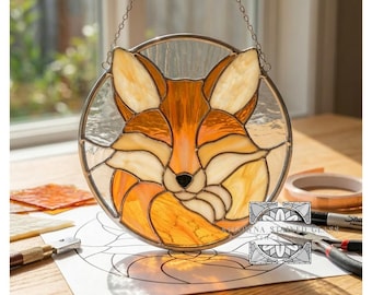 May include: Stained glass fox suncatcher with orange, cream, and black details. The fox is set in a clear glass circle, hanging from a silver chain. The artwork is on a wooden surface with tools and a design template.