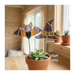 Witch and Bat Plant Stake Stained Glass Pattern