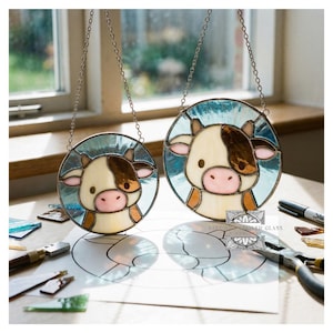 Peut inclure: Deux vitraux ronds représentant des vaches, suspendus par des chaînes argentées. Chaque vache a un visage crème avec des taches marron, un nez rose et un fond bleu. Les vitraux sont exposés près d'une fenêtre.
