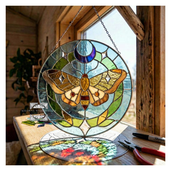 Celestial Moth and Moon Stained Glass Pattern