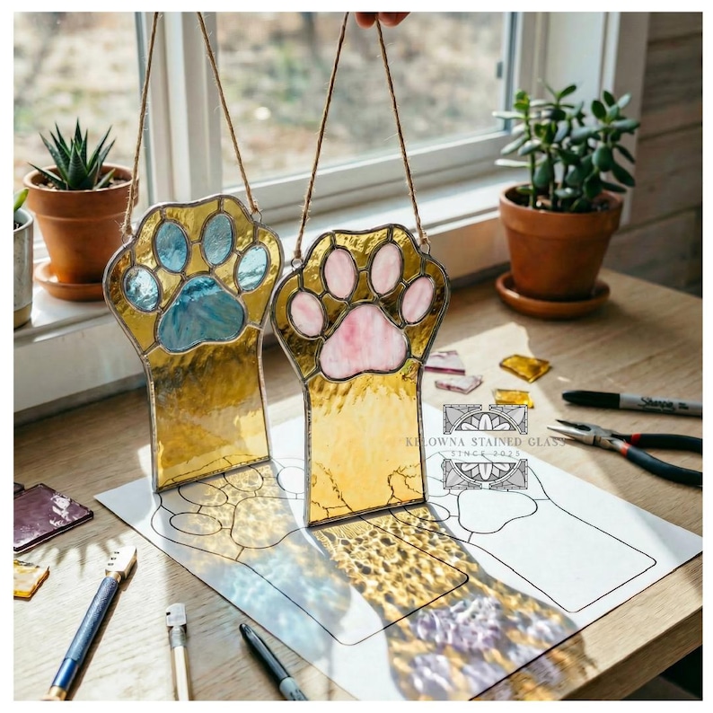 May include: Two stained glass cat paw ornaments. One paw has blue glass pads, the other has pink. Both have gold-colored glass and are hanging by twine. The ornaments are on a white surface with a paw print design.