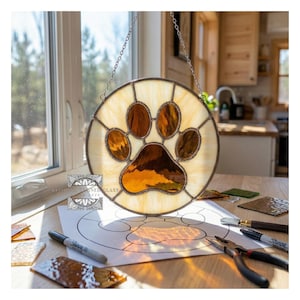 May include: A circular stained glass window with a dog paw print design. The paw print is in shades of brown and amber, set against a cream background. The window hangs by a chain. Tools and a design sketch are on the table.