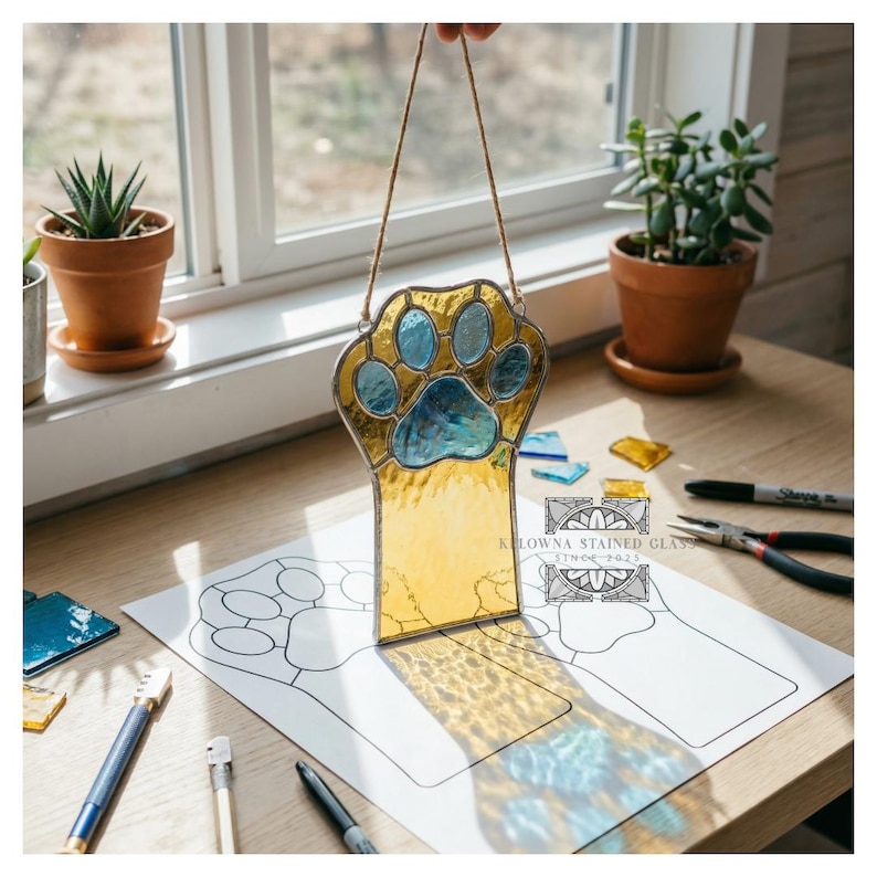 May include: A stained glass paw print suncatcher with a gold and blue color scheme. The paw print is hanging by a string, with a detailed paw print design. The suncatcher is on a wooden surface with a drawing of the paw print.